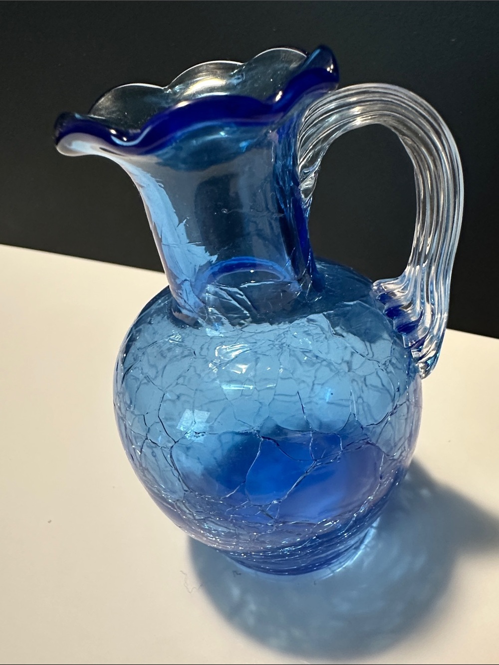 Blue Crackle Glass Pitcher Vase - Home Art